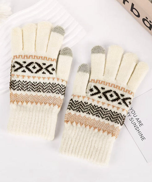 スマホ対応ジャガード手袋 ノルディック柄 裏微起毛 暖かい手袋 レディース 北欧風 5本指ニットグローブ タッチパネル対応 ニット手袋 あったか 幾何学模様手袋冬 1MAJ-001