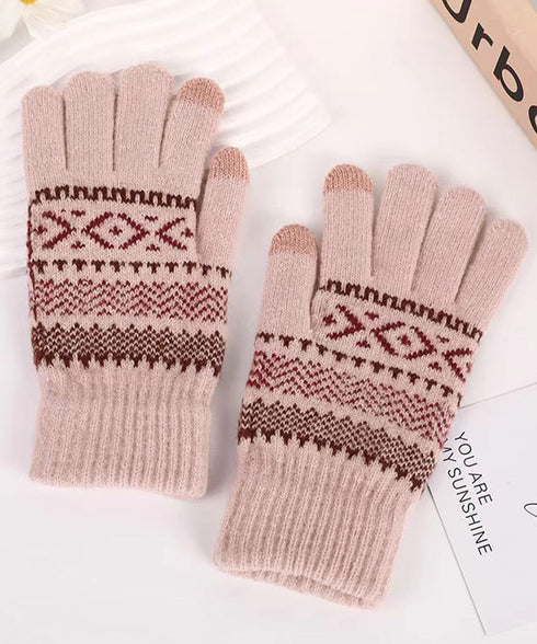 スマホ対応ジャガード手袋 ノルディック柄 裏微起毛 暖かい手袋 レディース 北欧風 5本指ニットグローブ タッチパネル対応 ニット手袋 あったか 幾何学模様手袋冬 1MAJ-001