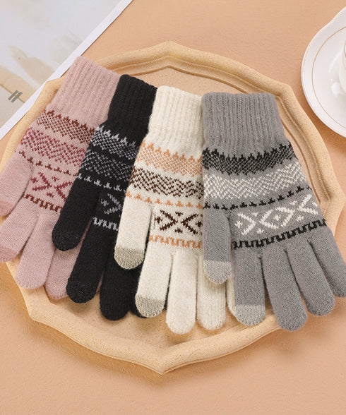スマホ対応ジャガード手袋 ノルディック柄 裏微起毛 暖かい手袋 レディース 北欧風 5本指ニットグローブ タッチパネル対応 ニット手袋 あったか 幾何学模様手袋冬 1MAJ-001