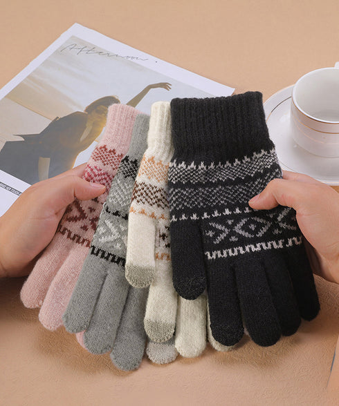 スマホ対応ジャガード手袋 ノルディック柄 裏微起毛 暖かい手袋 レディース 北欧風 5本指ニットグローブ タッチパネル対応 ニット手袋 あったか 幾何学模様手袋冬 1MAJ-001