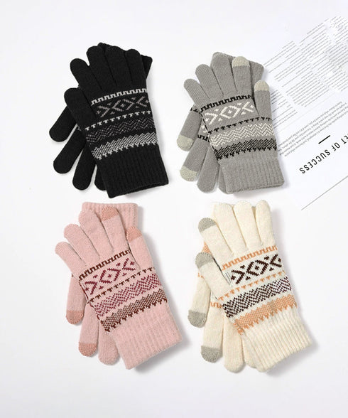 スマホ対応ジャガード手袋 ノルディック柄 裏微起毛 暖かい手袋 レディース 北欧風 5本指ニットグローブ タッチパネル対応 ニット手袋 あったか 幾何学模様手袋冬 1MAJ-001