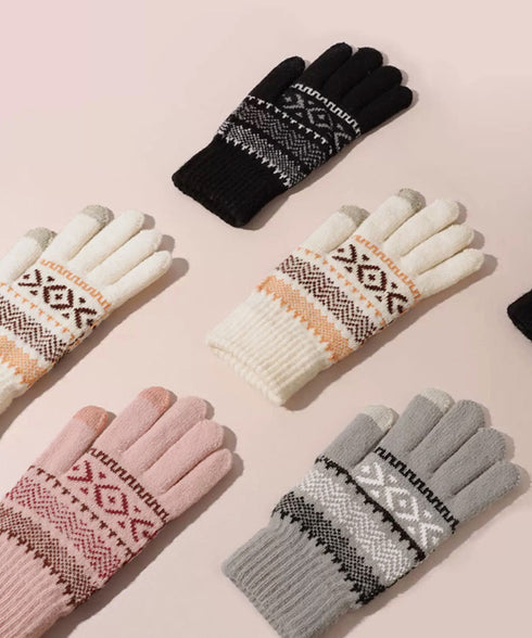 スマホ対応ジャガード手袋 ノルディック柄 裏微起毛 暖かい手袋 レディース 北欧風 5本指ニットグローブ タッチパネル対応 ニット手袋 あったか 幾何学模様手袋冬 1MAJ-001