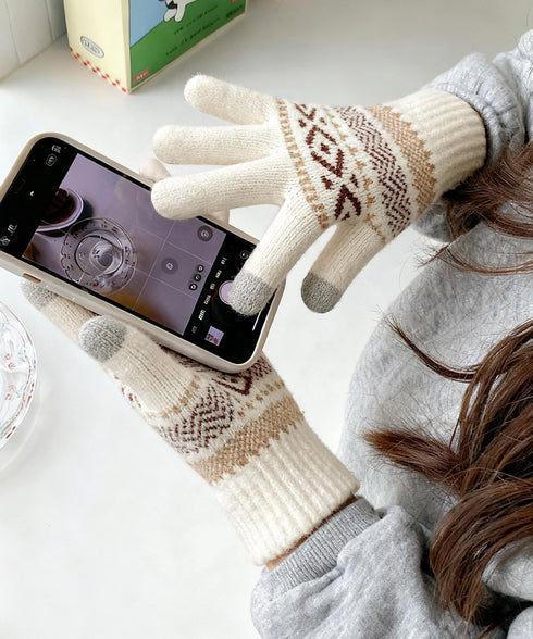 スマホ対応ジャガード手袋 ノルディック柄 裏微起毛 暖かい手袋 レディース 北欧風 5本指ニットグローブ タッチパネル対応 ニット手袋 あったか 幾何学模様手袋冬 1MAJ-001