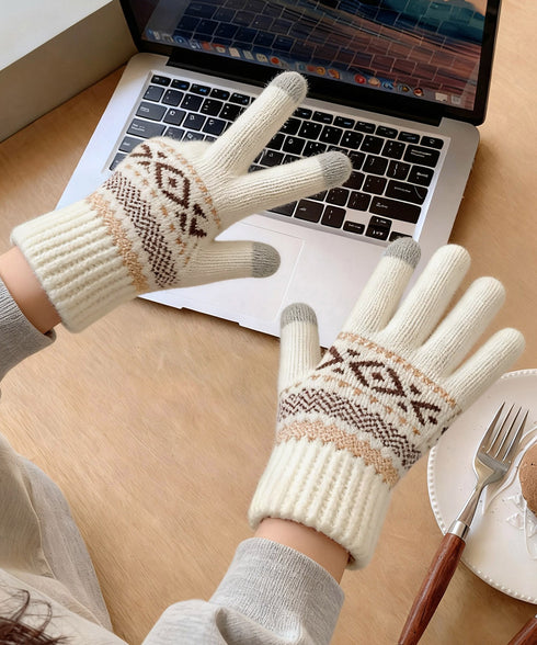 スマホ対応ジャガード手袋 ノルディック柄 裏微起毛 暖かい手袋 レディース 北欧風 5本指ニットグローブ タッチパネル対応 ニット手袋 あったか 幾何学模様手袋冬 1MAJ-001