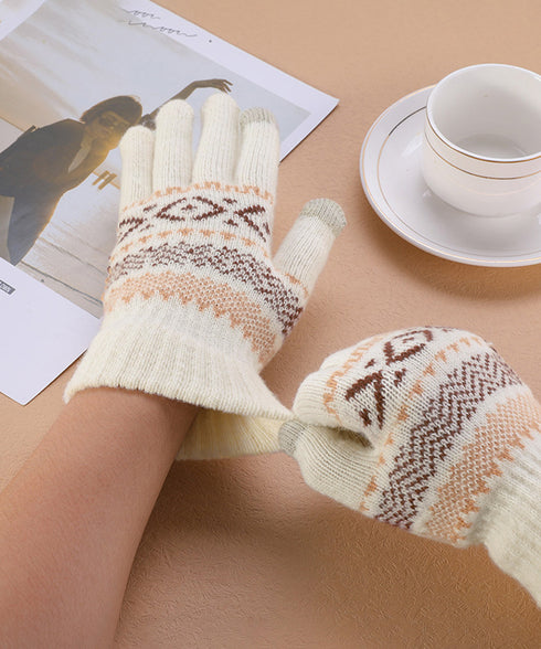 スマホ対応ジャガード手袋 ノルディック柄 裏微起毛 暖かい手袋 レディース 北欧風 5本指ニットグローブ タッチパネル対応 ニット手袋 あったか 幾何学模様手袋冬 1MAJ-001