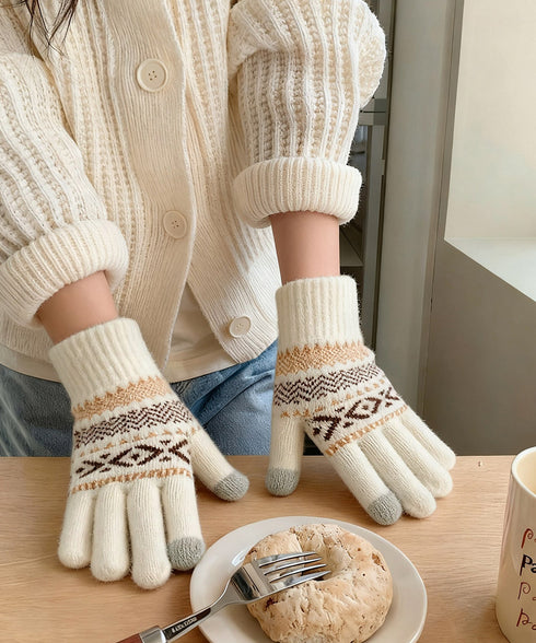 スマホ対応ジャガード手袋 ノルディック柄 裏微起毛 暖かい手袋 レディース 北欧風 5本指ニットグローブ タッチパネル対応 ニット手袋 あったか 幾何学模様手袋冬 1MAJ-001