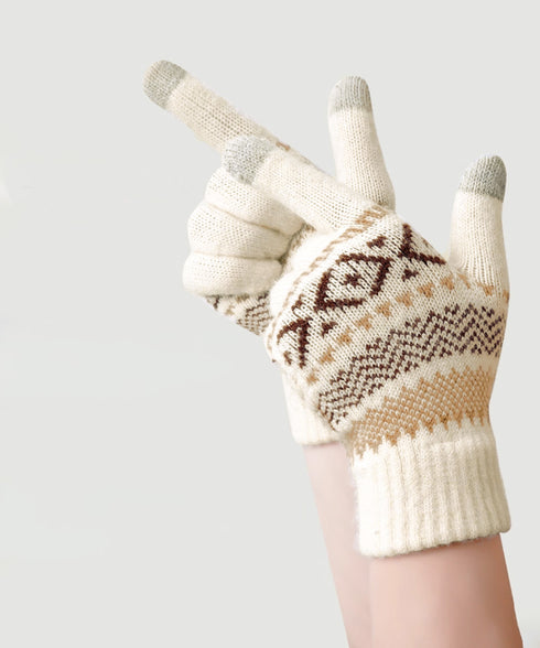 スマホ対応ジャガード手袋 ノルディック柄 裏微起毛 暖かい手袋 レディース 北欧風 5本指ニットグローブ タッチパネル対応 ニット手袋 あったか 幾何学模様手袋冬 1MAJ-001