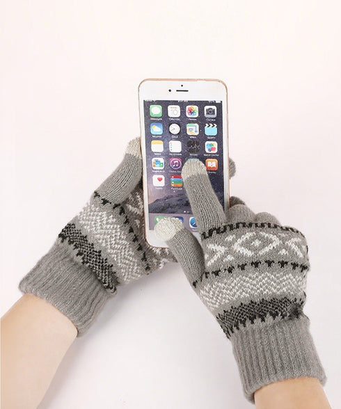 スマホ対応ジャガード手袋 ノルディック柄 裏微起毛 暖かい手袋 レディース 北欧風 5本指ニットグローブ タッチパネル対応 ニット手袋 あったか 幾何学模様手袋冬 1MAJ-001
