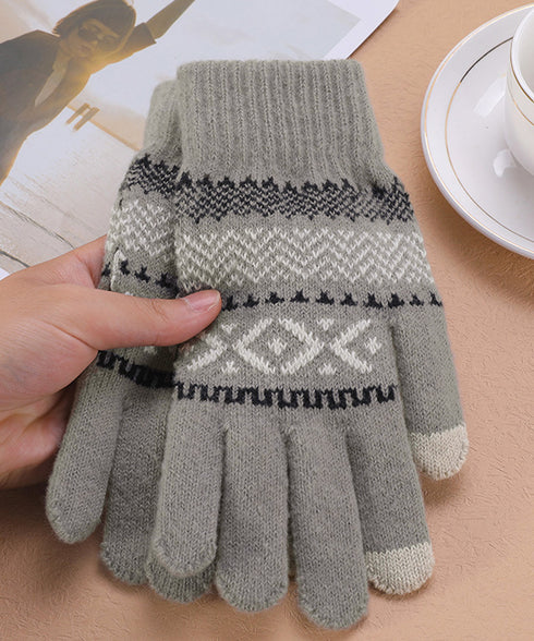 スマホ対応ジャガード手袋 ノルディック柄 裏微起毛 暖かい手袋 レディース 北欧風 5本指ニットグローブ タッチパネル対応 ニット手袋 あったか 幾何学模様手袋冬 1MAJ-001