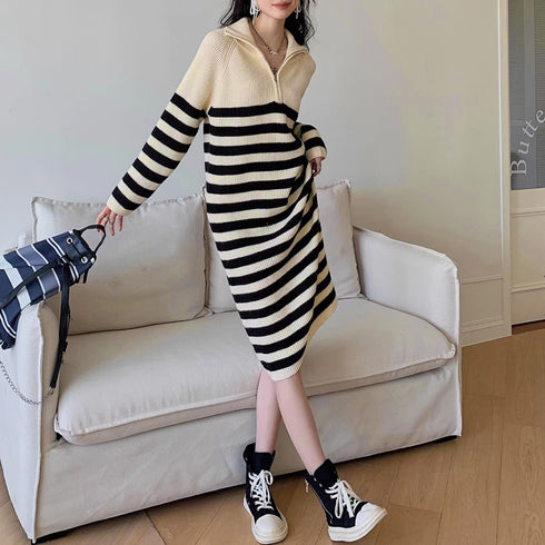 ボーダー ニットワンピース ポロカラー冬 中厚手 長袖ワンピース レディース 配色ロングワンピース 暖かい リブニット ポロエリワンピ ゆったり 韓国着やせワンピ 1MRJ-005