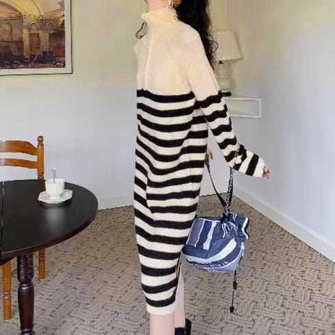 ボーダー ニットワンピース ポロカラー冬 中厚手 長袖ワンピース レディース 配色ロングワンピース 暖かい リブニット ポロエリワンピ ゆったり 韓国着やせワンピ 1MRJ-005