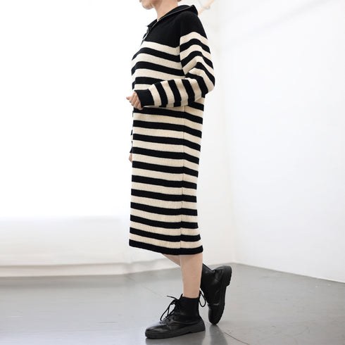 ボーダー ニットワンピース ポロカラー冬 中厚手 長袖ワンピース レディース 配色ロングワンピース 暖かい リブニット ポロエリワンピ ゆったり 韓国着やせワンピ 1MRJ-005