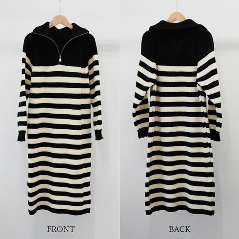 ボーダー ニットワンピース ポロカラー冬 中厚手 長袖ワンピース レディース 配色ロングワンピース 暖かい リブニット ポロエリワンピ ゆったり 韓国着やせワンピ 1MRJ-005