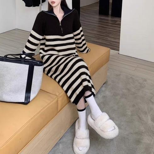 ボーダー ニットワンピース ポロカラー冬 中厚手 長袖ワンピース レディース 配色ロングワンピース 暖かい リブニット ポロエリワンピ ゆったり 韓国着やせワンピ 1MRJ-005