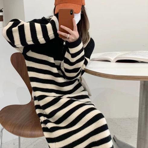 ボーダー ニットワンピース ポロカラー冬 中厚手 長袖ワンピース レディース 配色ロングワンピース 暖かい リブニット ポロエリワンピ ゆったり 韓国着やせワンピ 1MRJ-005