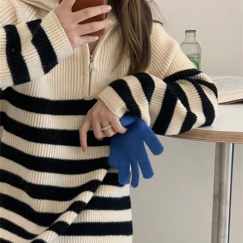 ボーダー ニットワンピース ポロカラー冬 中厚手 長袖ワンピース レディース 配色ロングワンピース 暖かい リブニット ポロエリワンピ ゆったり 韓国着やせワンピ 1MRJ-005