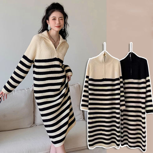 ボーダー ニットワンピース ポロカラー冬 中厚手 長袖ワンピース レディース 配色ロングワンピース 暖かい リブニット ポロエリワンピ ゆったり 韓国着やせワンピ 1MRJ-005