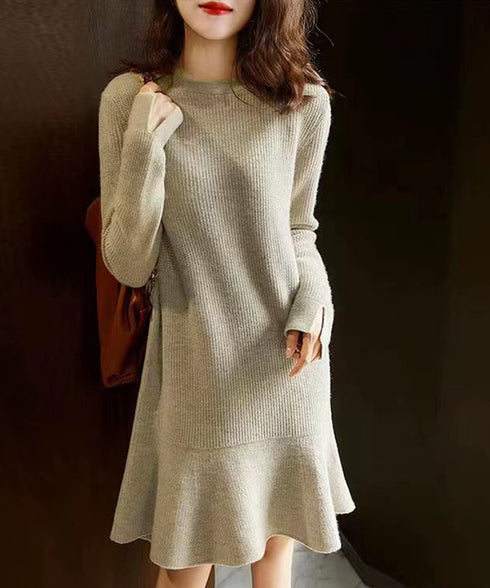 ニットワンピース ミニ丈 裾フレアワンピ ペプラムワンピース 韓国 裾フリルワンピ 秋冬ショートワンピース 袖スリット カジュアルきれいめ ミニニットドレス 無地 1MRJ-008