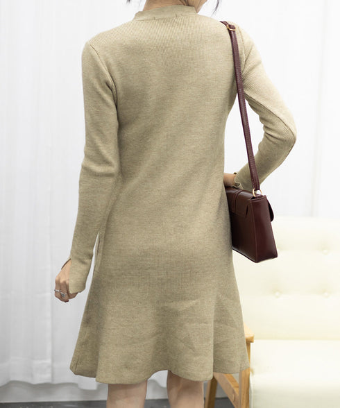 ニットワンピース ミニ丈 裾フレアワンピ ペプラムワンピース 韓国 裾フリルワンピ 秋冬ショートワンピース 袖スリット カジュアルきれいめ ミニニットドレス 無地 1MRJ-008