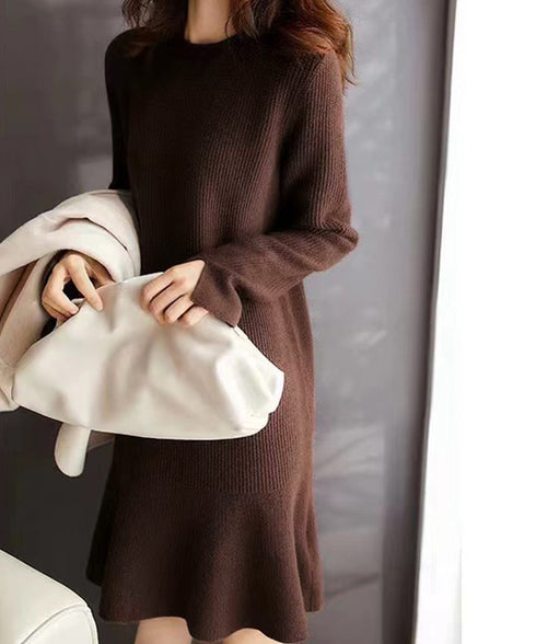 ニットワンピース ミニ丈 裾フレアワンピ ペプラムワンピース 韓国 裾フリルワンピ 秋冬ショートワンピース 袖スリット カジュアルきれいめ ミニニットドレス 無地 1MRJ-008