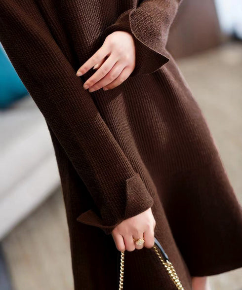 ニットワンピース ミニ丈 裾フレアワンピ ペプラムワンピース 韓国 裾フリルワンピ 秋冬ショートワンピース 袖スリット カジュアルきれいめ ミニニットドレス 無地 1MRJ-008