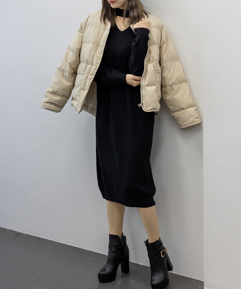 リブニットワンピース ロング丈 vネック 韓国 レディース きれいめカジュアル 秋冬チョーカー風ワンピース 無地ホルターネックワンピース 長袖 ゆったり体型カバー 1MRJ-010