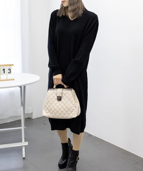 リブニットワンピース ロング丈 vネック 韓国 レディース きれいめカジュアル 秋冬チョーカー風ワンピース 無地ホルターネックワンピース 長袖 ゆったり体型カバー 1MRJ-010