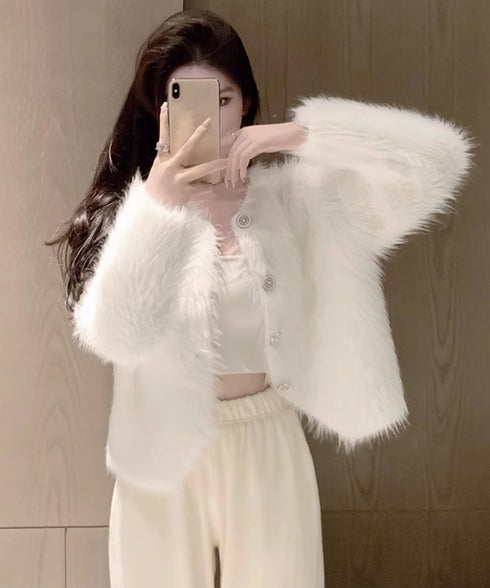 シャギーニットカーディガンふわふわ秋冬服 レディース 大人可愛い フェザーヤーンカーディガン フェイクファーニットジャケットきれいめニット羽織 長袖ライトアウター 1MRJ-011
