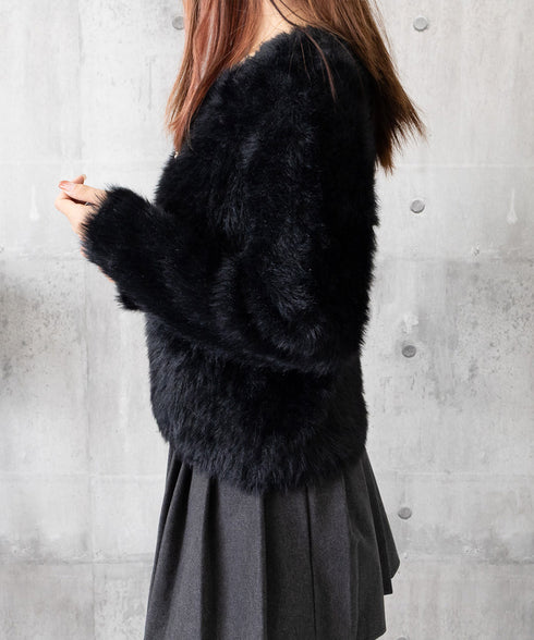 シャギーニットカーディガンふわふわ秋冬服 レディース 大人可愛い フェザーヤーンカーディガン フェイクファーニットジャケットきれいめニット羽織 長袖ライトアウター 1MRJ-011