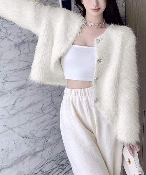 シャギーニットカーディガンふわふわ秋冬服 レディース 大人可愛い フェザーヤーンカーディガン フェイクファーニットジャケットきれいめニット羽織 長袖ライトアウター 1MRJ-011