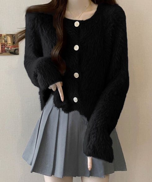 シャギーニットカーディガンふわふわ秋冬服 レディース 大人可愛い フェザーヤーンカーディガン フェイクファーニットジャケットきれいめニット羽織 長袖ライトアウター 1MRJ-011