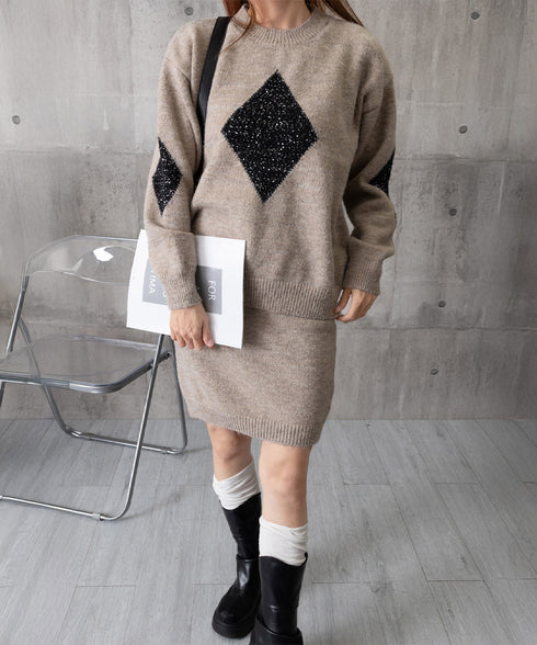 スパンコールニットセットアップ きれいめ 韓国風きらきらニット上下セット レディース 菱形モチーフニットトップス長袖 ニットミニスカート おしゃれ 秋冬ツーピース 1MRJ-012