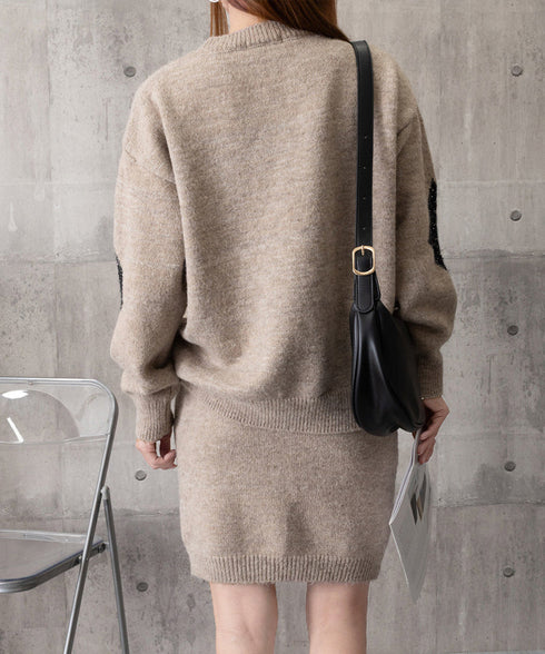 スパンコールニットセットアップ きれいめ 韓国風きらきらニット上下セット レディース 菱形モチーフニットトップス長袖 ニットミニスカート おしゃれ 秋冬ツーピース 1MRJ-012