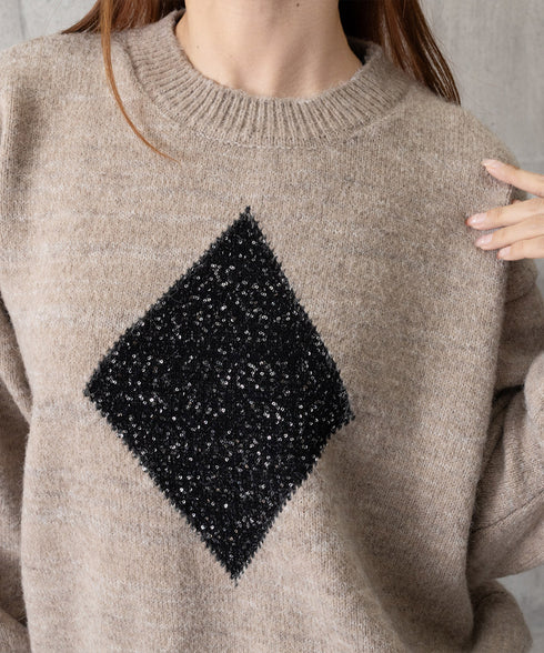 スパンコールニットセットアップ きれいめ 韓国風きらきらニット上下セット レディース 菱形モチーフニットトップス長袖 ニットミニスカート おしゃれ 秋冬ツーピース 1MRJ-012