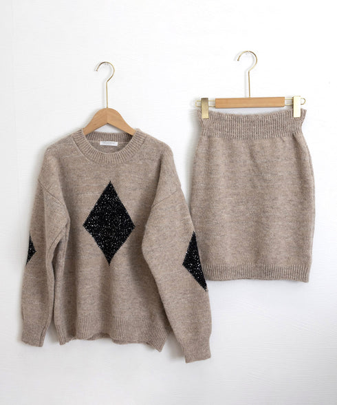 スパンコールニットセットアップ きれいめ 韓国風きらきらニット上下セット レディース 菱形モチーフニットトップス長袖 ニットミニスカート おしゃれ 秋冬ツーピース 1MRJ-012