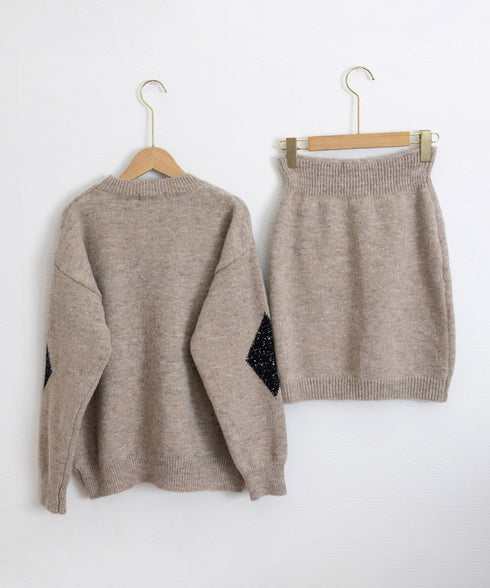 スパンコールニットセットアップ きれいめ 韓国風きらきらニット上下セット レディース 菱形モチーフニットトップス長袖 ニットミニスカート おしゃれ 秋冬ツーピース 1MRJ-012