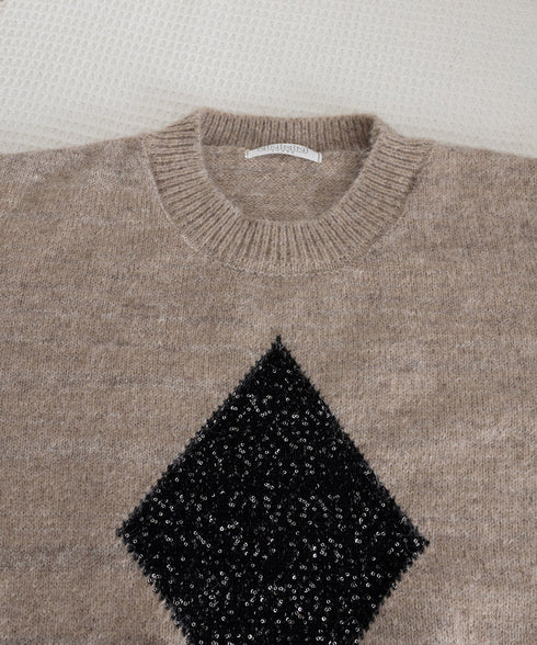 スパンコールニットセットアップ きれいめ 韓国風きらきらニット上下セット レディース 菱形モチーフニットトップス長袖 ニットミニスカート おしゃれ 秋冬ツーピース 1MRJ-012