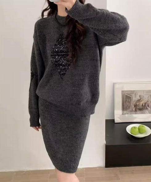 スパンコールニットセットアップ きれいめ 韓国風きらきらニット上下セット レディース 菱形モチーフニットトップス長袖 ニットミニスカート おしゃれ 秋冬ツーピース 1MRJ-012