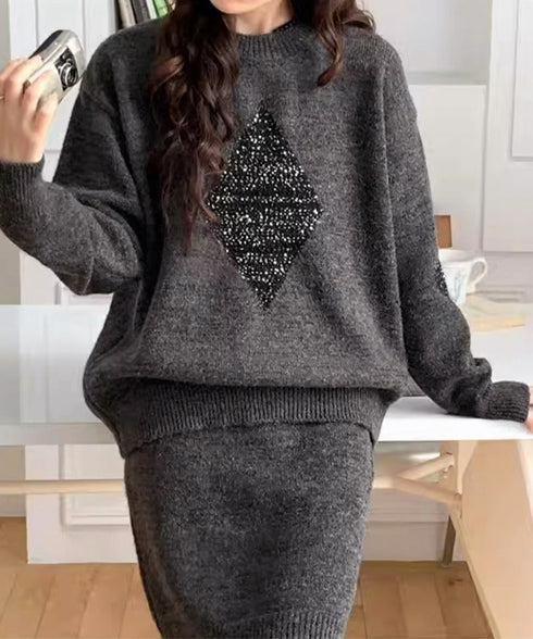 スパンコールニットセットアップ きれいめ 韓国風きらきらニット上下セット レディース 菱形モチーフニットトップス長袖 ニットミニスカート おしゃれ 秋冬ツーピース 1MRJ-012