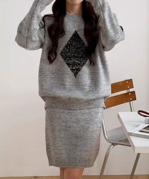 スパンコールニットセットアップ きれいめ 韓国風きらきらニット上下セット レディース 菱形モチーフニットトップス長袖 ニットミニスカート おしゃれ 秋冬ツーピース 1MRJ-012