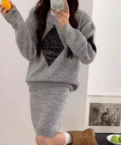 スパンコールニットセットアップ きれいめ 韓国風きらきらニット上下セット レディース 菱形モチーフニットトップス長袖 ニットミニスカート おしゃれ 秋冬ツーピース 1MRJ-012
