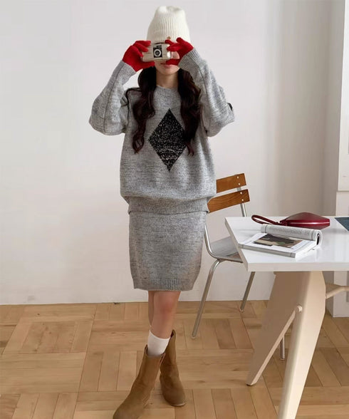 スパンコールニットセットアップ きれいめ 韓国風きらきらニット上下セット レディース 菱形モチーフニットトップス長袖 ニットミニスカート おしゃれ 秋冬ツーピース 1MRJ-012