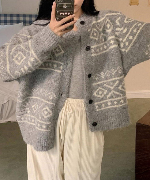 ノルディック柄ニットカーディガン 北欧風 ニットアウター レディース カジュアル秋冬ニットクルーネック レトロニットトップスジャカードセーター 着やせ前開きニット 1MRJ-013