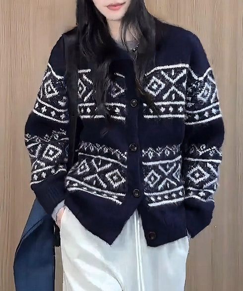 ノルディック柄ニットカーディガン 北欧風 ニットアウター レディース カジュアル秋冬ニットクルーネック レトロニットトップスジャカードセーター 着やせ前開きニット 1MRJ-013
