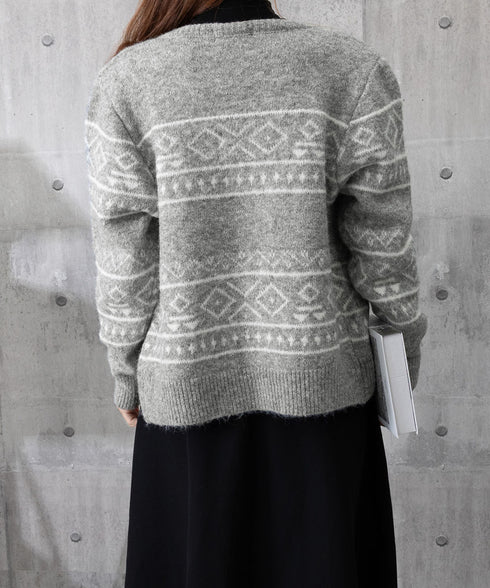 ノルディック柄ニットカーディガン 北欧風 ニットアウター レディース カジュアル秋冬ニットクルーネック レトロニットトップスジャカードセーター 着やせ前開きニット 1MRJ-013