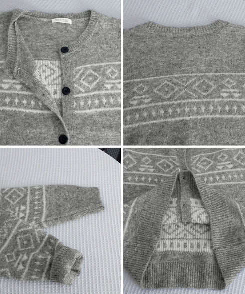 ノルディック柄ニットカーディガン 北欧風 ニットアウター レディース カジュアル秋冬ニットクルーネック レトロニットトップスジャカードセーター 着やせ前開きニット 1MRJ-013