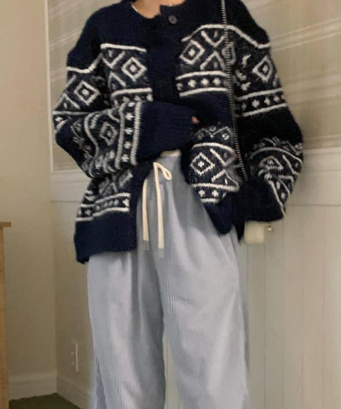 ノルディック柄ニットカーディガン 北欧風 ニットアウター レディース カジュアル秋冬ニットクルーネック レトロニットトップスジャカードセーター 着やせ前開きニット 1MRJ-013