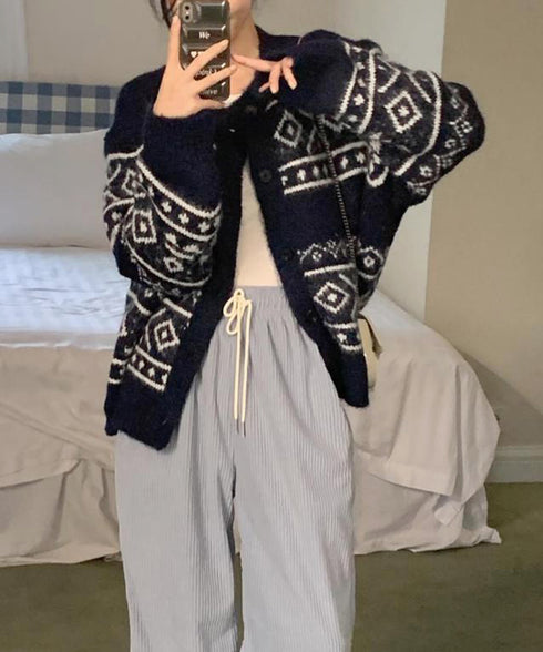 ノルディック柄ニットカーディガン 北欧風 ニットアウター レディース カジュアル秋冬ニットクルーネック レトロニットトップスジャカードセーター 着やせ前開きニット 1MRJ-013