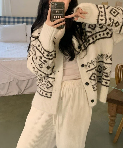 ノルディック柄ニットカーディガン 北欧風 ニットアウター レディース カジュアル秋冬ニットクルーネック レトロニットトップスジャカードセーター 着やせ前開きニット 1MRJ-013