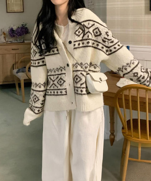 ノルディック柄ニットカーディガン 北欧風 ニットアウター レディース カジュアル秋冬ニットクルーネック レトロニットトップスジャカードセーター 着やせ前開きニット 1MRJ-013